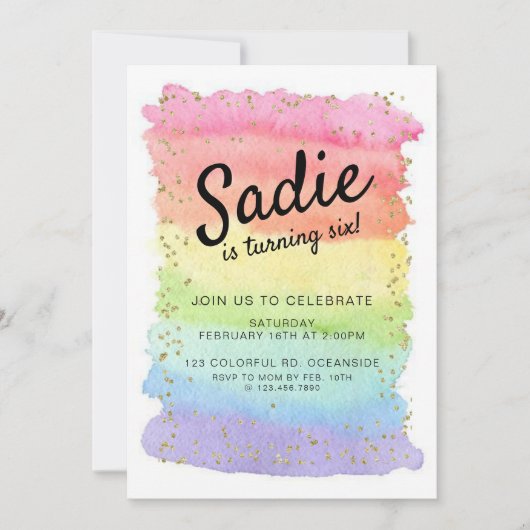 RAINBOW BIRTHDAY, ELKE LEEFTIJD, MEISJES PARTIJ KAART (Voorkant)