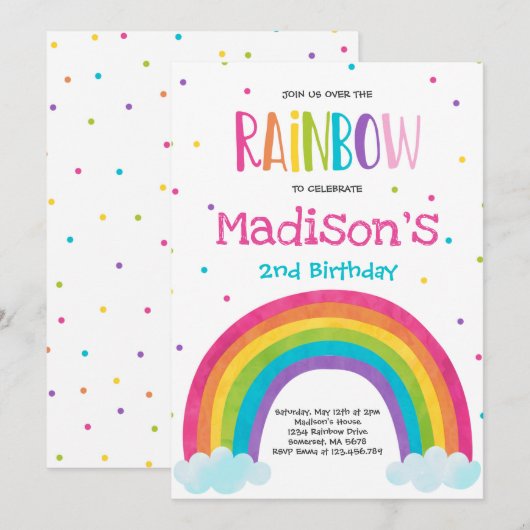Rainbow Birthday Invitation Bright Rainbow Party Kaart (Voorkant / Achterkant)