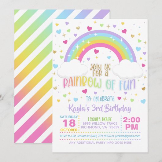 Rainbow Birthday Invitation - Girl Pastel Kaart (Voorkant / Achterkant)