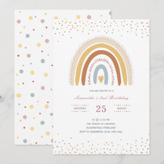 Rainbow Birthday Invitation Girls (Devant / Derrière)