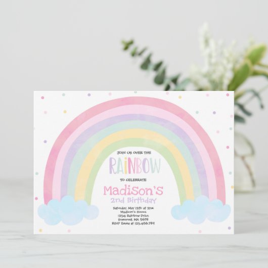 Rainbow Birthday Invitation Pastel Rainbow Party (Debout devant)