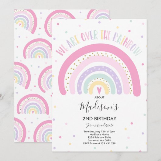 Rainbow Birthday Invitation Pastel Rainbow Party Kaart (Voorkant / Achterkant)