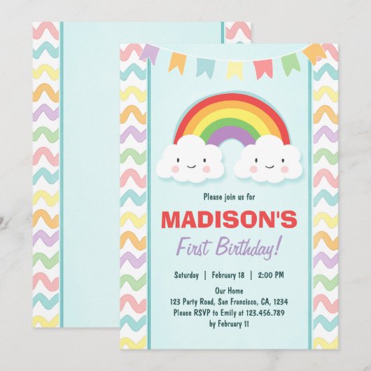Rainbow Birthday Party Invitation Girl Clouds Kaart (Voorkant / Achterkant)