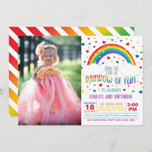 Rainbow Birthday Uitnodiging met foto  (Voorkant / Achterkant)