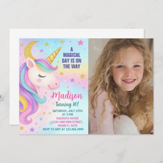 Rainbow Birthday Unicorn Invitation (Devant / Derrière)
