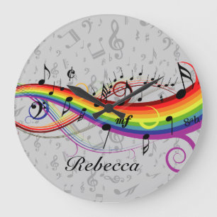 Rainbow Black Musical Notes on Gray Grote Klok