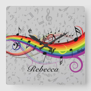 Rainbow Black Musical Notes on Gray Vierkante Klok