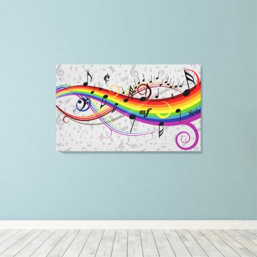 Rainbow Black Musical Notes on Grey Canvas Afdruk (Insitu (Houten vloer))