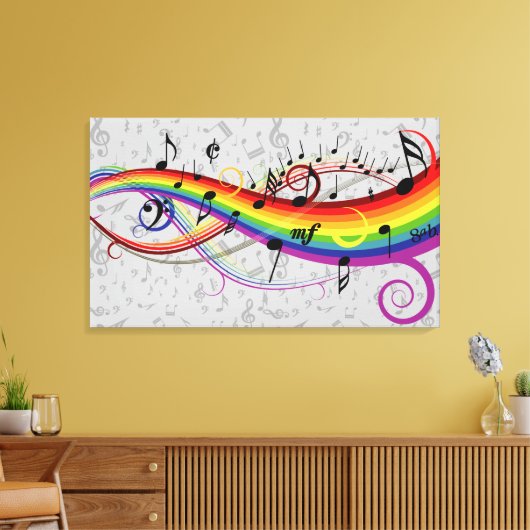 Rainbow Black Musical Notes on Grey Canvas Afdruk (Insitu (Woonkamer))
