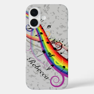 Rainbow Black Musical Notes on Grey iPhone 16 Hoesje