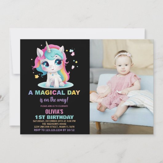 Rainbow Black Unicorn Invitations Anniversaire Pho (Devant)