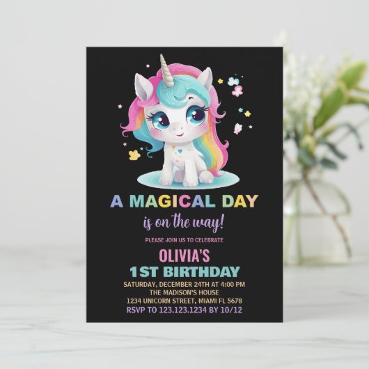 Rainbow Black Unicorn Invitations d'anniversaire (Debout devant)