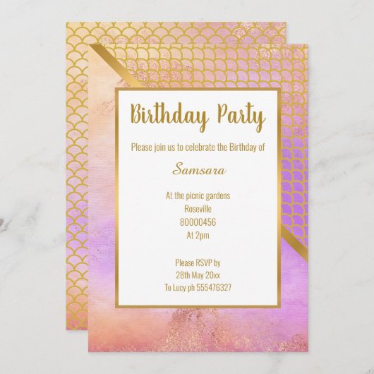 RAINBOW BLUR GOLD MERMAID SCALE BIRTHDAY KAART (Voorkant / Achterkant)