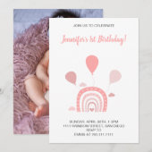 Rainbow Boho Pastel Pink First Birthday Foto Kaart (Voorkant / Achterkant)
