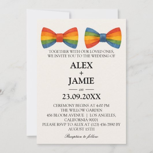 Rainbow Bow Stropdas LGBT Gay Wedding Invitation Kaart (Voorkant)