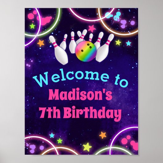 Rainbow Bowling Birthday Party Welkomstbord Poster (Voorkant)