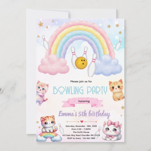 Rainbow bowling cat party invitation (Devant)