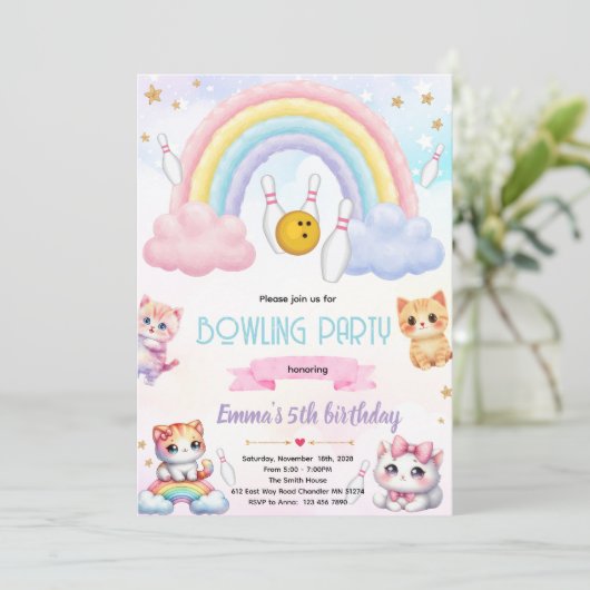 Rainbow bowling cat party invitation (Debout devant)