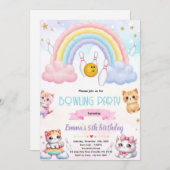 Rainbow bowling cat party invitation (Devant / Derrière)