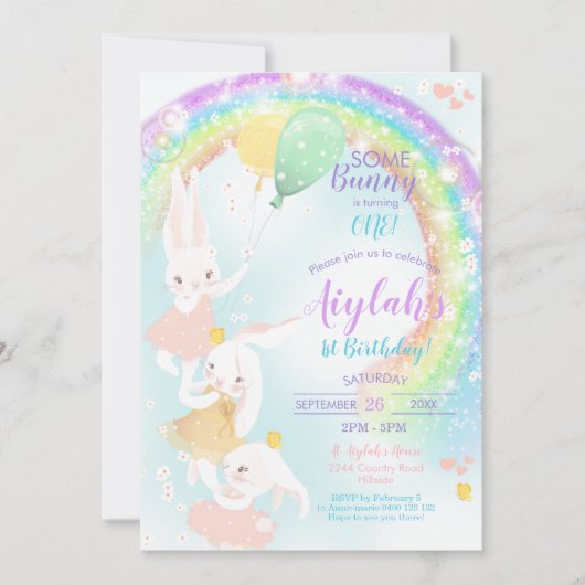 Rainbow Bunny 1er anniversaire Invitation (Devant)