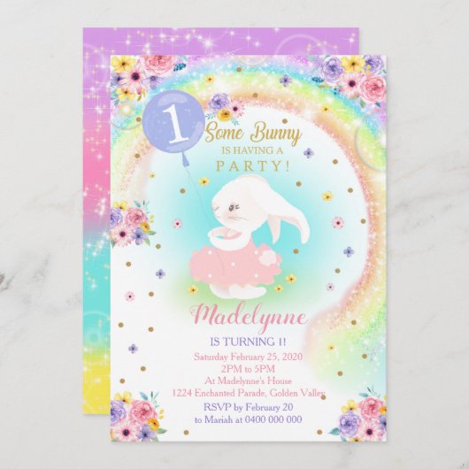 Rainbow Bunny Invitation Bunny Anniversaire (Devant / Derrière)