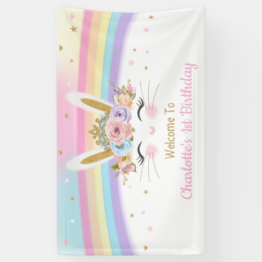 Rainbow Bunny Rabbit Baby shower Verjaardagsachter Spandoek (Verticaal)