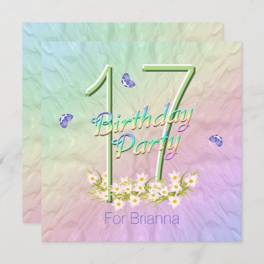 Rainbow Butterflies 17th Birthday Party Invitation (Devant / Derrière)