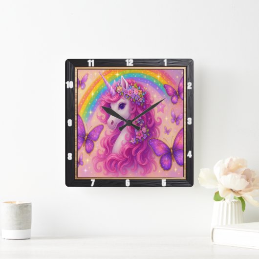 Rainbow Butterfly Magical Unicorn Vierkante Klok (Huis)