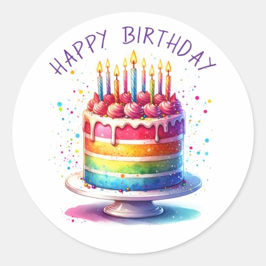 Rainbow Cake Happy Birthday Ronde Sticker (Voorkant)