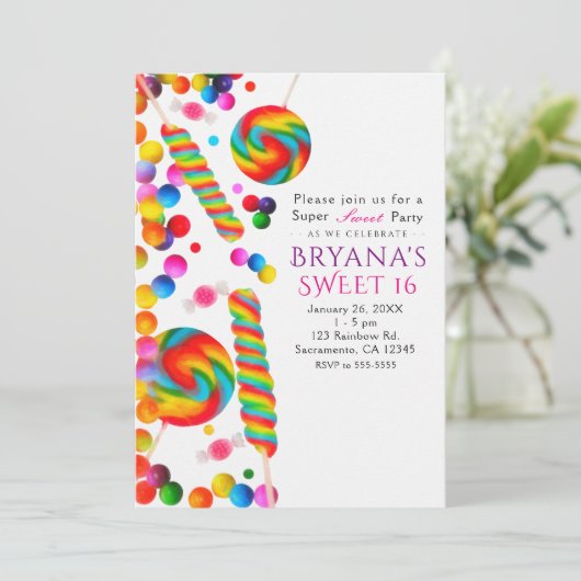 Rainbow Candy Sweet Invitations de fête d'annivers (Debout devant)