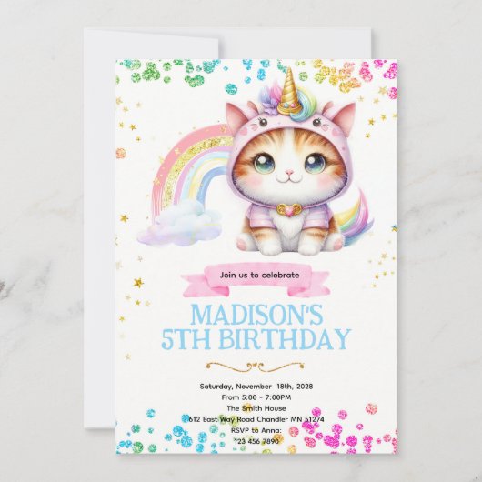  Rainbow Caticorn Birthday invitation (Devant)