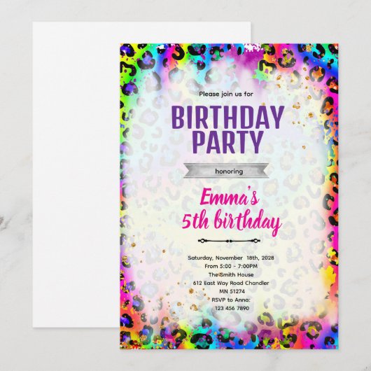 Rainbow cheetah leopard print invitation (Devant / Derrière)