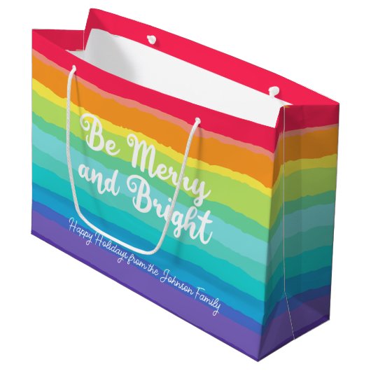 Rainbow Christmas Be Merry en Bright Custom Party Groot Cadeauzakje (Voorkant Gekanteld)
