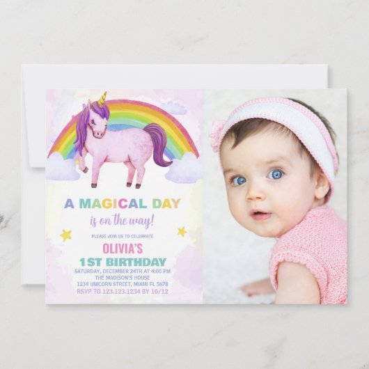 Rainbow Cloud Unicorn Birthday Invitations photo (Devant)