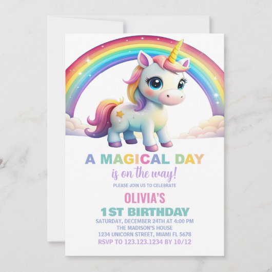 Rainbow Cloud Unicorn Birthday-uitnodigingen Kaart (Voorkant)