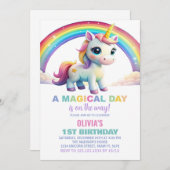 Rainbow Cloud Unicorn Birthday-uitnodigingen Kaart (Voorkant / Achterkant)