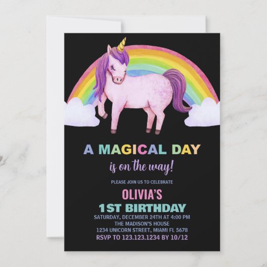Rainbow Cloud Unicorn Invitations d'anniversaire (Devant)