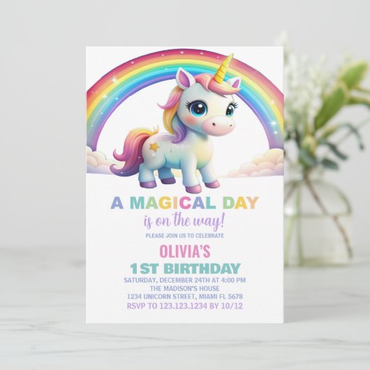 Rainbow Cloud Unicorn Invitations d'anniversaire (Debout devant)