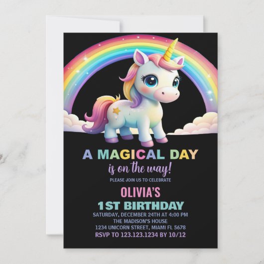 Rainbow Cloud Unicorn Invitations d'anniversaire (Devant)