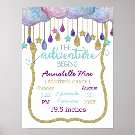 Rainbow Clouds Adventure Baby Girl Birth Stats Poster (Voorkant)