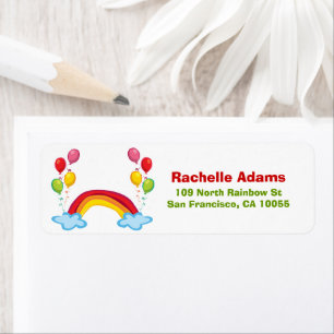 Rainbow Clouds & Balloons Verjaardagsadres Kind Etiket