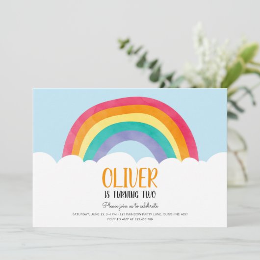 Rainbow Clouds Blue Boy Fun Verjaardag Uitnodiging (Staand voorkant)