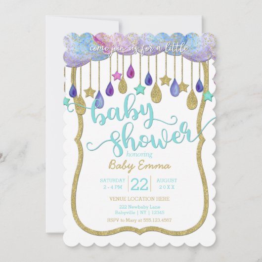 Rainbow Clouds & Gold Stars Baby shower Invitation (Devant)