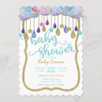Rainbow Clouds & Gold Stars Baby shower Invitation
