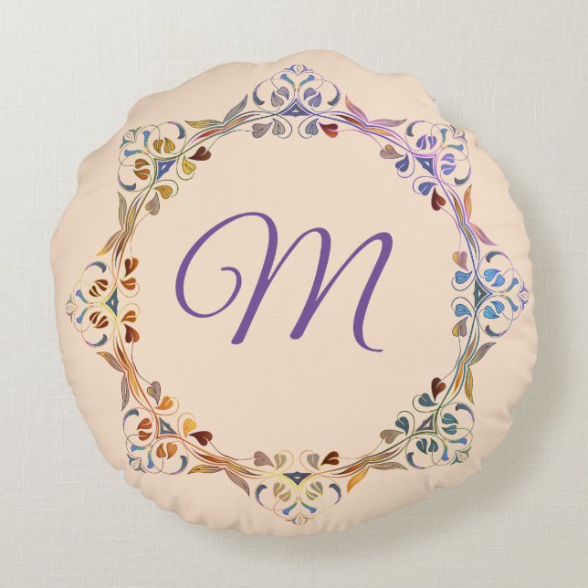 Rainbow Colorful Leaf Ring Monogram Rond Kussen (Achterkant)