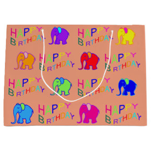 Rainbow Colors Happy Cartoon Elephants Birthday Large Cadeautasje