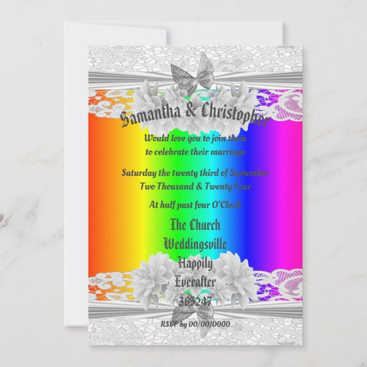 Rainbow coloured lace wedding photo invitation (Devant)