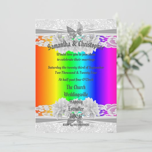 Rainbow coloured lace wedding photo invitation (Debout devant)