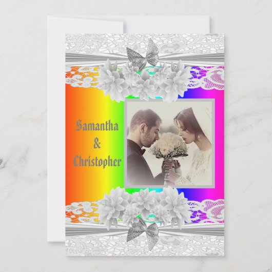 Rainbow coloured lace wedding photo invitation (Dos)