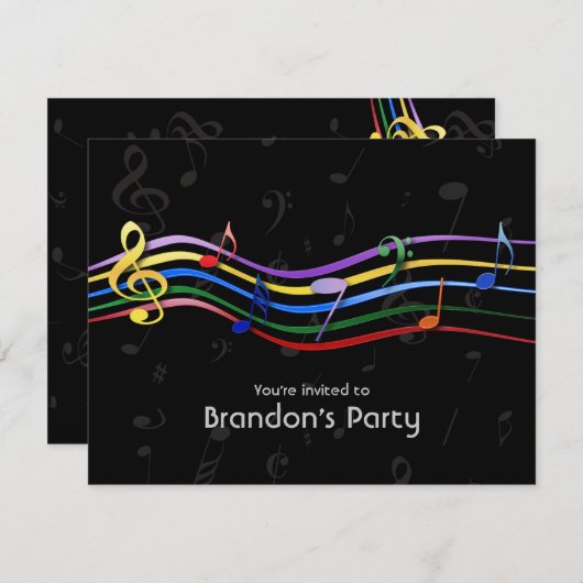 Rainbow Coloured Music Notes Invitations (Devant / Derrière)